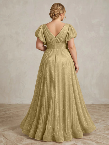 Glam A‑Line V‑Neck Puff‑Sleeve Deep‑Back Floor‑Length Plus Size Prom Dress