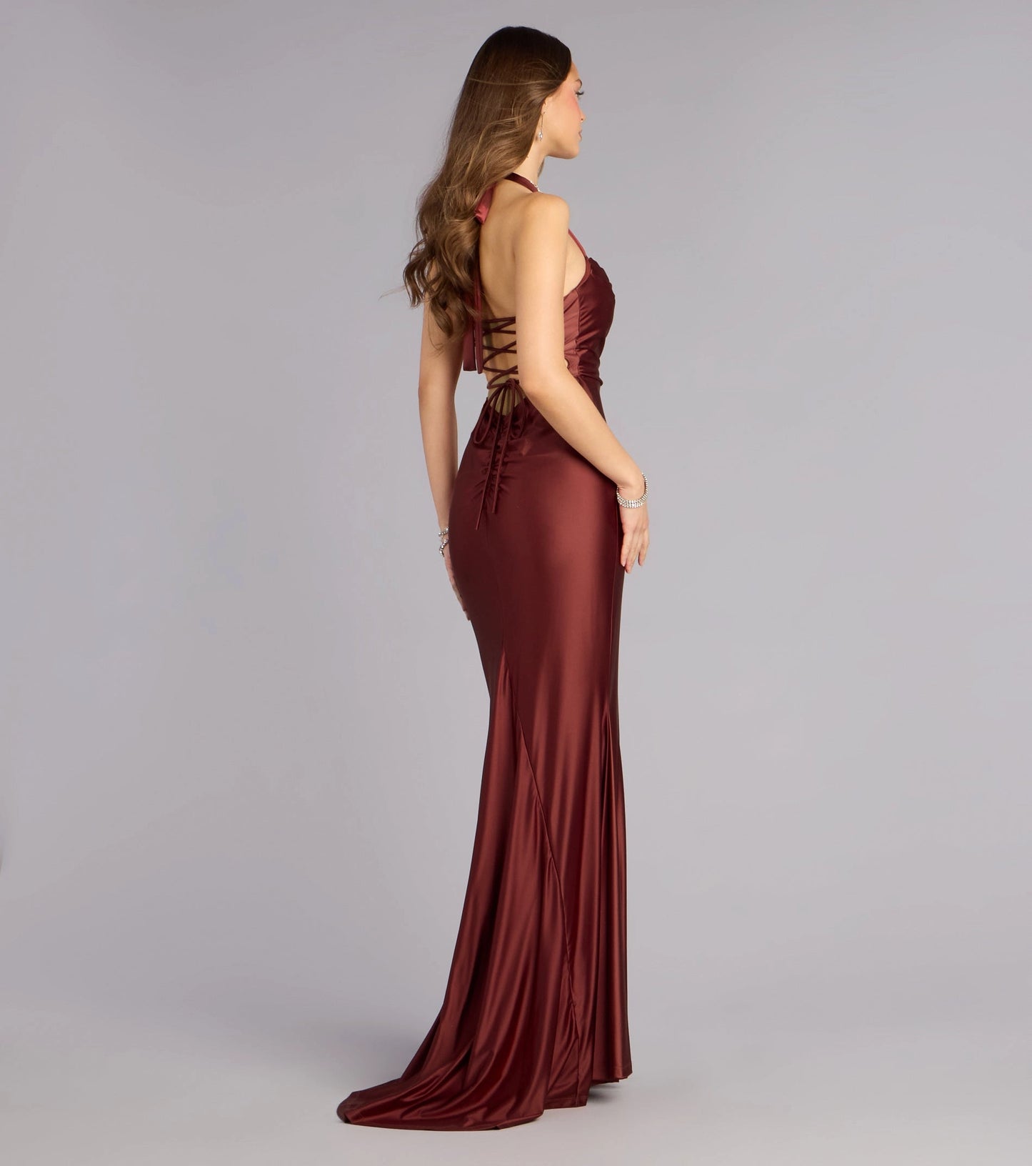 Navy Satin Mermaid Halter Cowl Sleeveless Crisscross Lace Up Back Maxi  Prom Dress