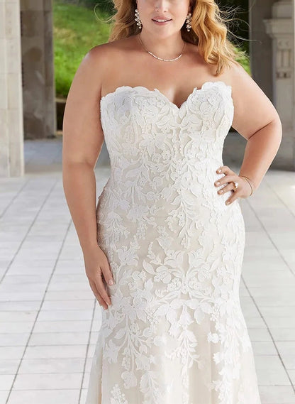 Elegant Mermaid Sweetheart Off‑Shoulder Sheer‑Back Train‑Length Plus Size Wedding Dress