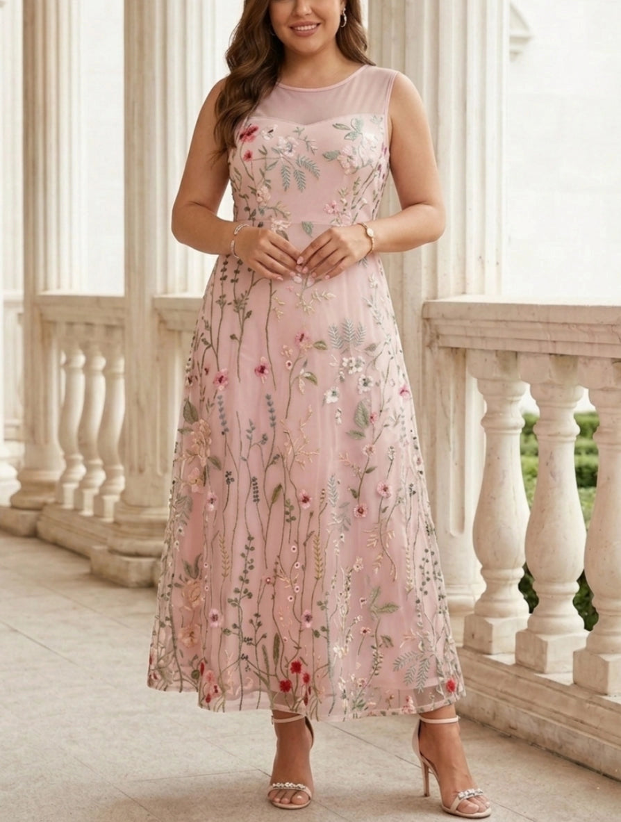 Soft A-Line Round Neck Three-Quarter-Sleeve Closed-Back Floor-Length Mother of the Bride Dresses