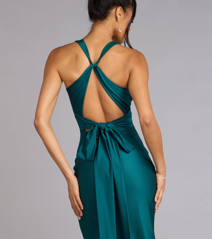 Sleek Mermaid Halter Sleeveless Tie Bow Back Maxi Prom Dress