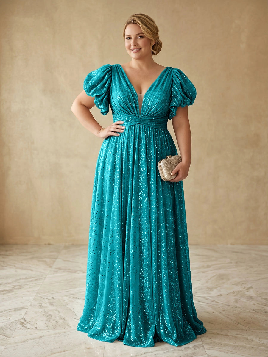 Glam A‑Line V‑Neck Puff‑Sleeve Deep‑Back Floor‑Length Plus Size Prom Dress