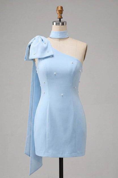 Light Blue Sheath One Shoulder Halter Plain Back Mini Homecoming Dress