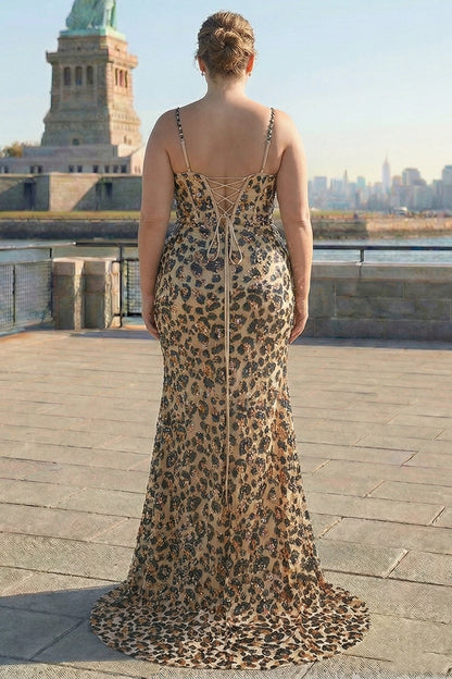 Back view of champagne gold plus size mermaid prom dress featuring a lace-up corset back, sparkling embellishments and sweep train.
