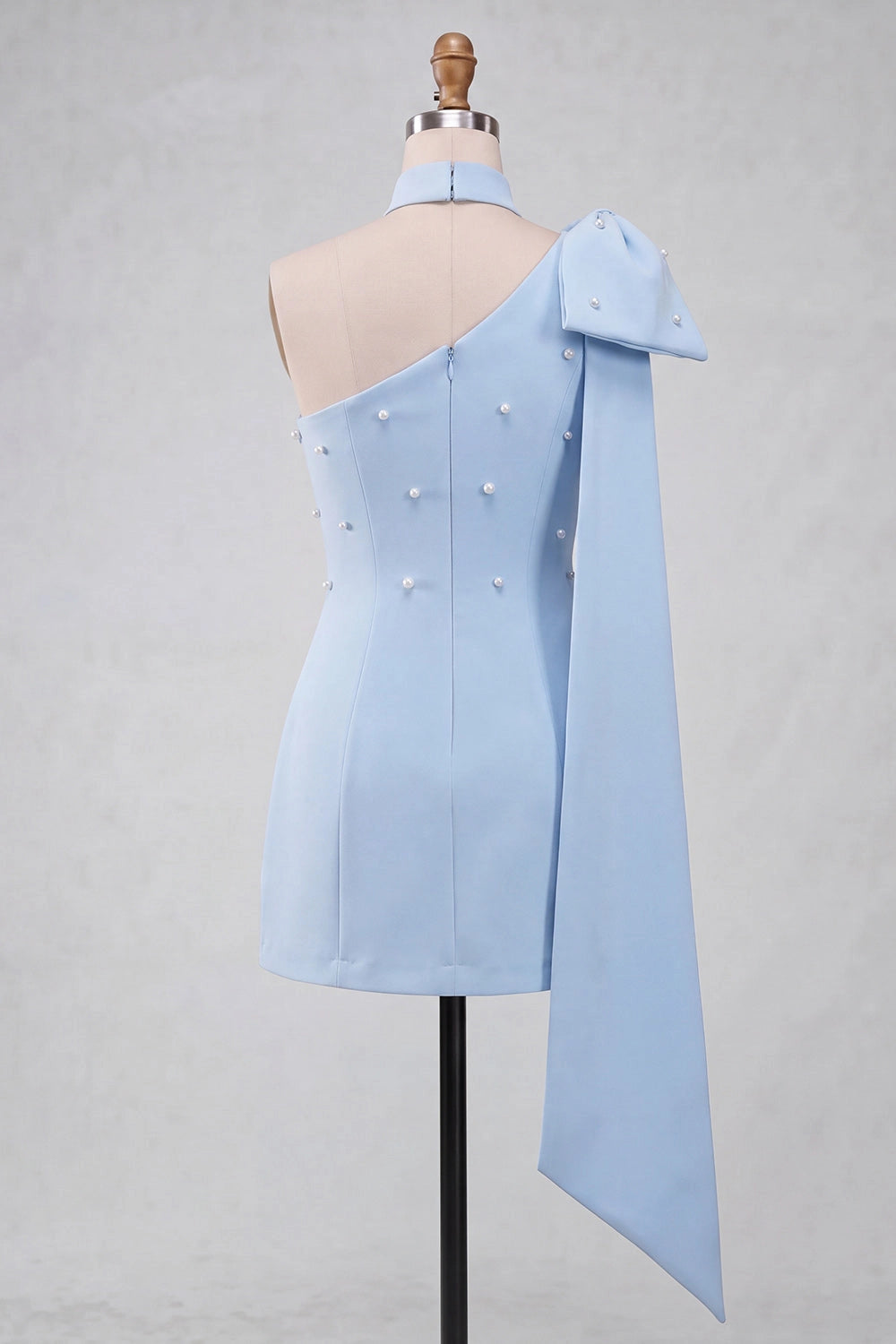 Light Blue Sheath One Shoulder Halter Plain Back Mini Homecoming Dress