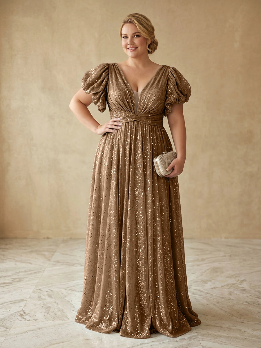 Glam A‑Line V‑Neck Puff‑Sleeve Deep‑Back Floor‑Length Plus Size Prom Dress