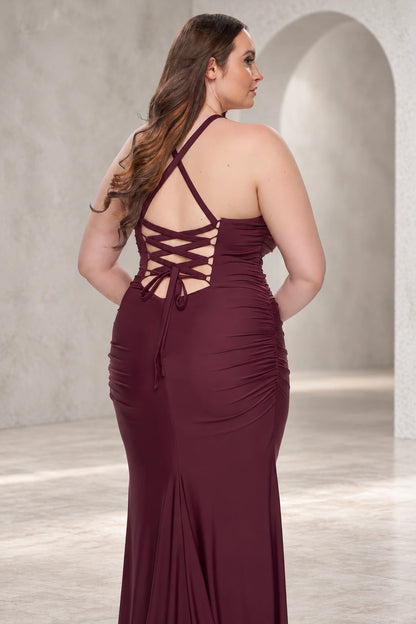 Plus Size Elegant Jersey Mermaid Square-Neck Sleeveless Lace-Up Back Floor-Length Evening Dress