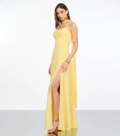 Plum Chiffon A-Line Cowl Sleeveless Lace Up Streamer Back Maxi  Prom Dress