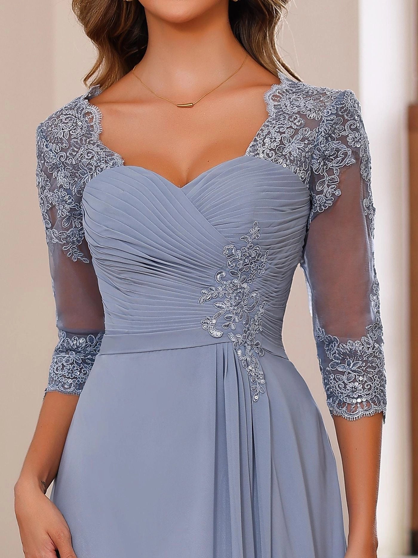 Elegant A-Line Sweetheart Neck Three-Quarter-Sleeve V-Back Floor-Length Mother of the Bride Dresses