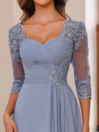 Elegant A-Line Sweetheart Neck Three-Quarter-Sleeve V-Back Floor-Length Mother of the Bride Dresses