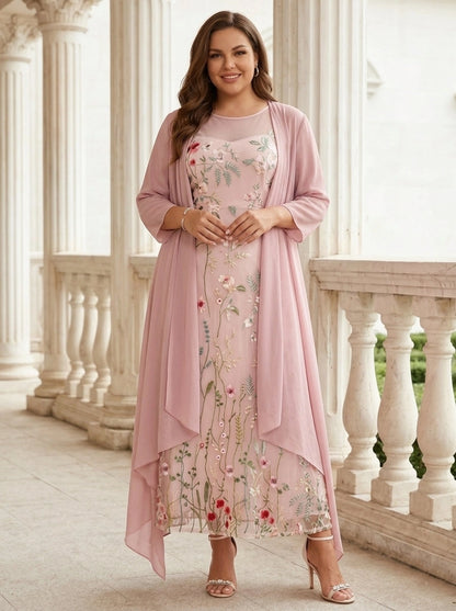 Soft A-Line Round Neck Three-Quarter-Sleeve Closed-Back Floor-Length Mother of the Bride Dresses