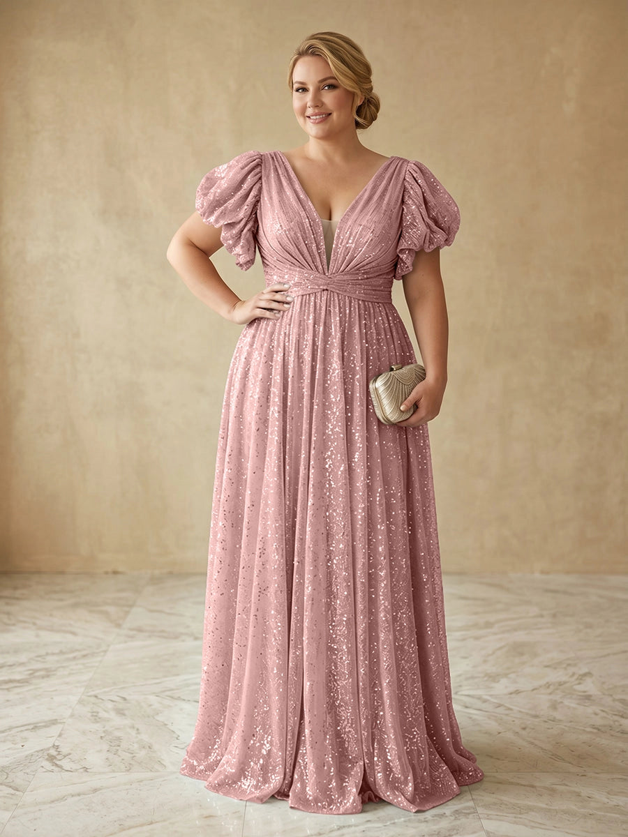 Glam A‑Line V‑Neck Puff‑Sleeve Deep‑Back Floor‑Length Plus Size Prom Dress