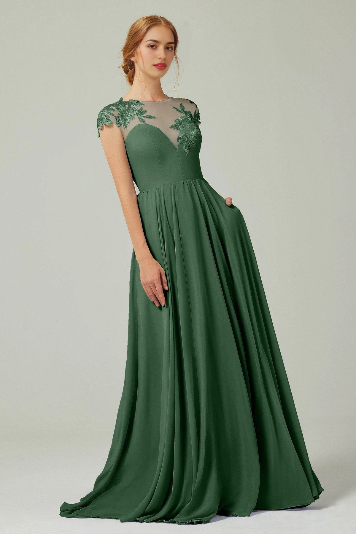Plus Size Romantic A-Line Illusion Neck Cap Sleeve Button Back Long Bridesmaid Dress