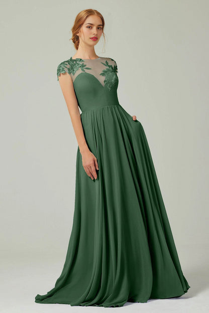 Plus Size Romantic A-Line Illusion Neck Cap Sleeve Button Back Long Bridesmaid Dress
