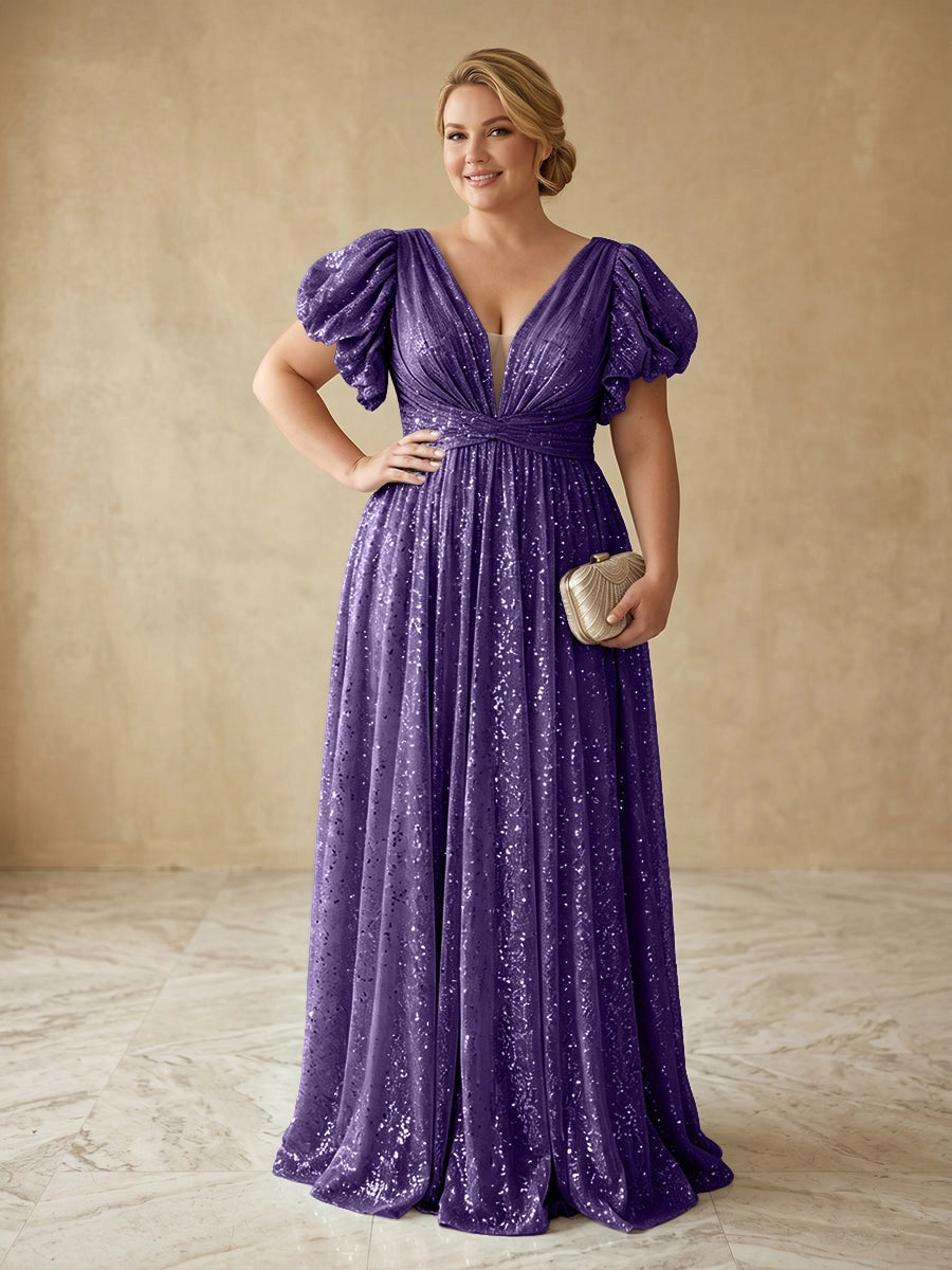 Glam A‑Line V‑Neck Puff‑Sleeve Deep‑Back Floor‑Length Plus Size Prom Dress