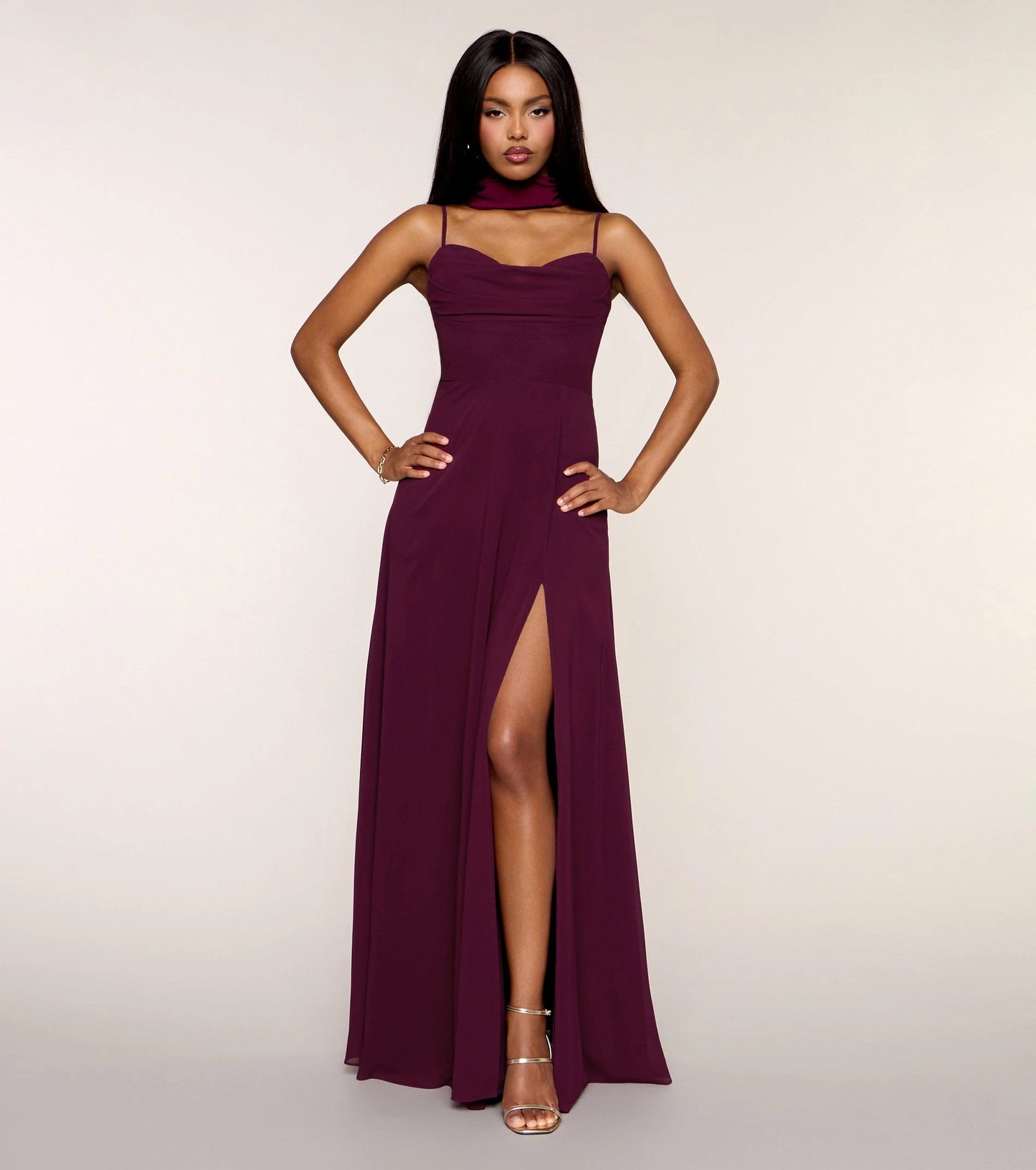 Plum Chiffon A-Line Cowl Sleeveless Lace Up Streamer Back Maxi  Prom Dress