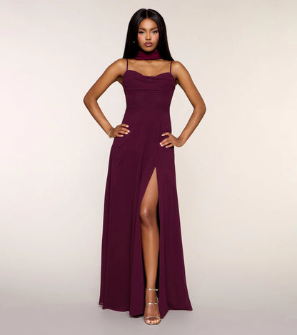 Plum Chiffon A-Line Cowl Sleeveless Lace Up Streamer Back Maxi  Prom Dress