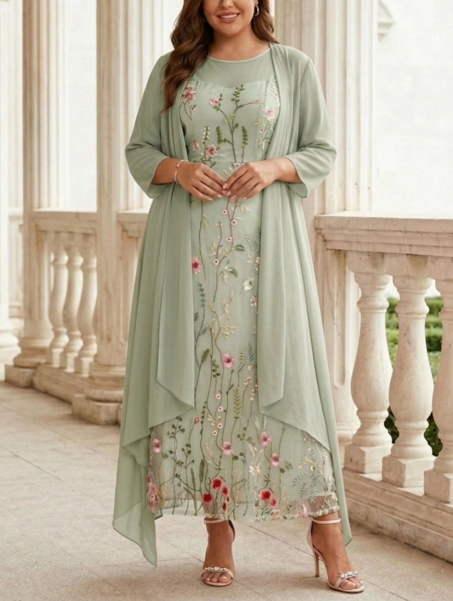 Soft A-Line Round Neck Three-Quarter-Sleeve Closed-Back Floor-Length Mother of the Bride Dresses