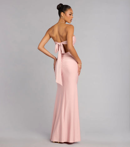 Burgundy Satin Mermaid Strapless Sweetheart Bow Tie Back Maxi Prom Dress