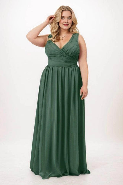 Dark green chiffon A-line bridesmaid dress with a pleated crossover V-neck, wide straps and gathered floor-length skirt, front view.