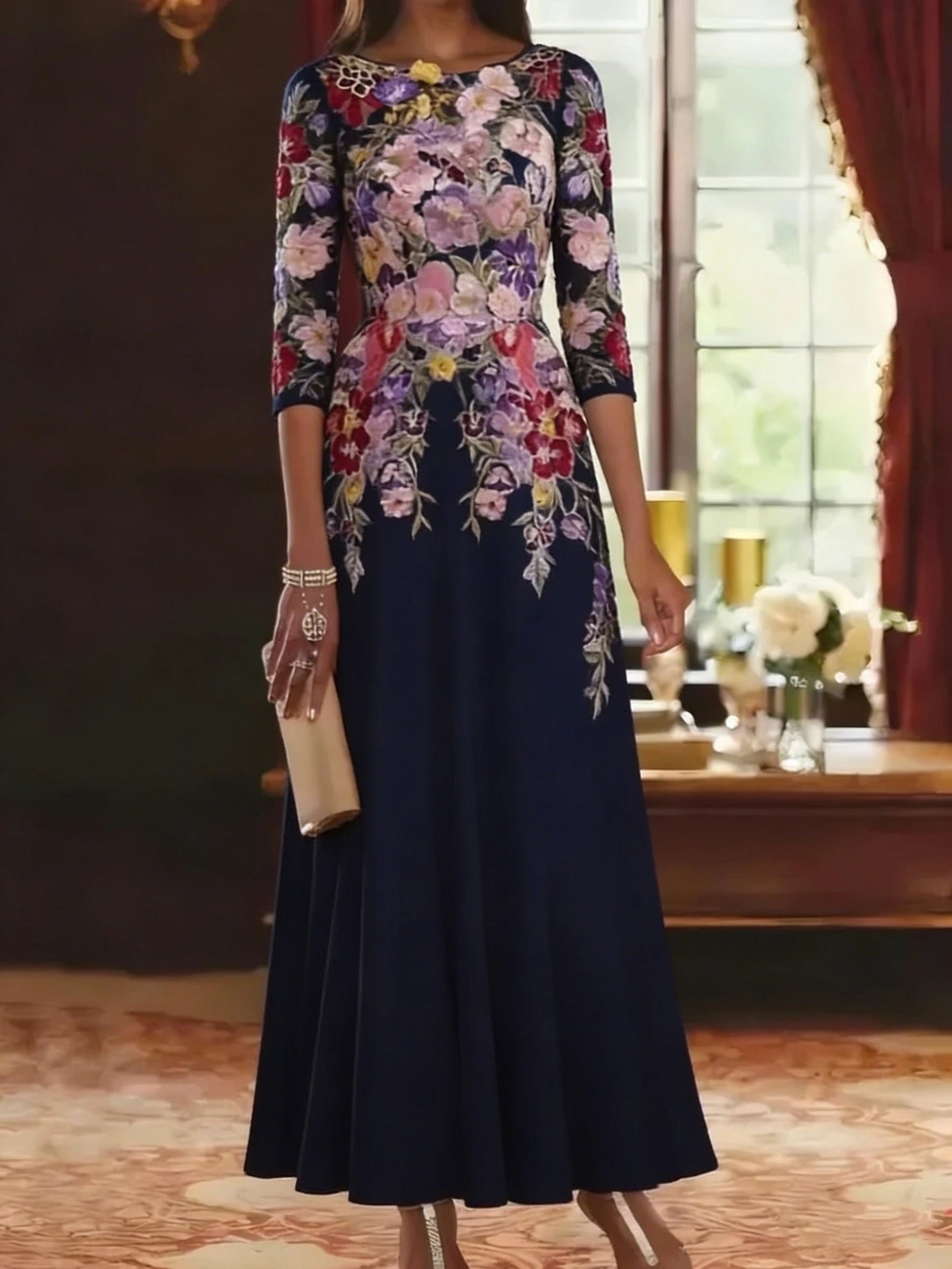 Romantic A-Line Bateau Neck Three-Quarter-Sleeve Illusion-Back Floor-Length Mother of the Bride Dresses