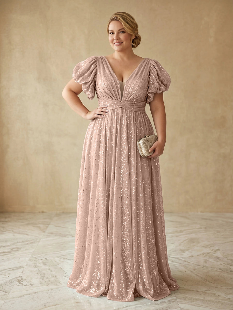 Glam A‑Line V‑Neck Puff‑Sleeve Deep‑Back Floor‑Length Plus Size Prom Dress