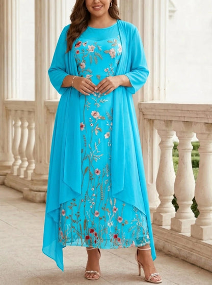 Soft A-Line Round Neck Three-Quarter-Sleeve Closed-Back Floor-Length Mother of the Bride Dresses