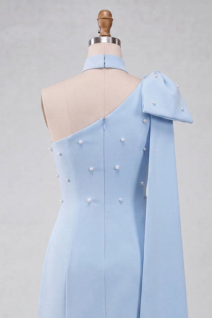 Light Blue Sheath One Shoulder Halter Plain Back Mini Homecoming Dress