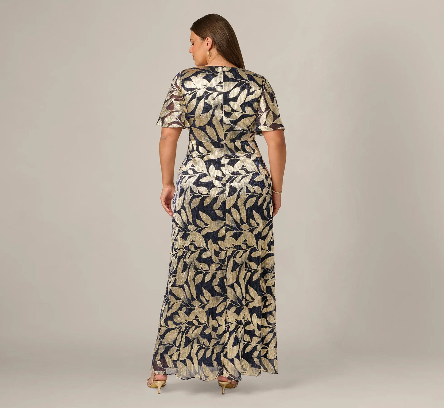roselledress closed back navy gold leaf chiffon maxi dress wrap front slit plus size mother of the bride formal wear back view