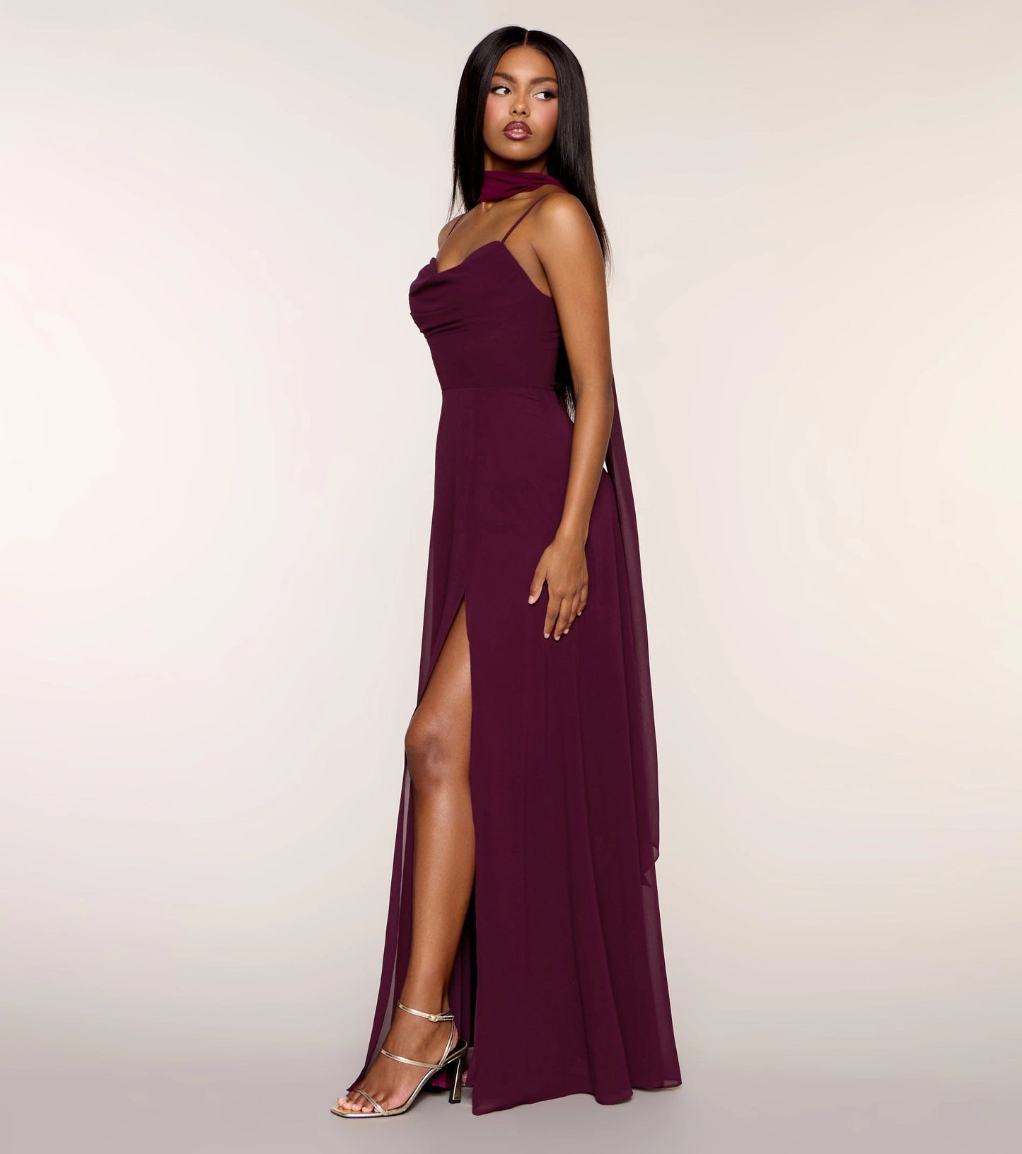 Plum Chiffon A-Line Cowl Sleeveless Lace Up Streamer Back Maxi  Prom Dress