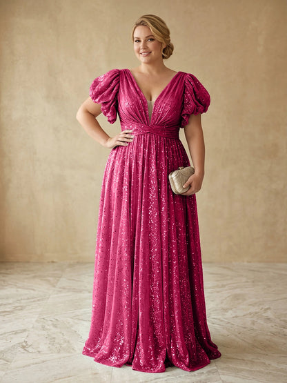 Glam A‑Line V‑Neck Puff‑Sleeve Deep‑Back Floor‑Length Plus Size Prom Dress