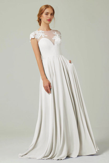 Plus Size Romantic A-Line Illusion Neck Cap Sleeve Button Back Long Bridesmaid Dress