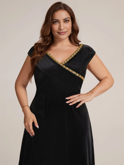 Navy Velvet Beaded Cap Sleeve Midi Plus Size Mother of the Bride Dress