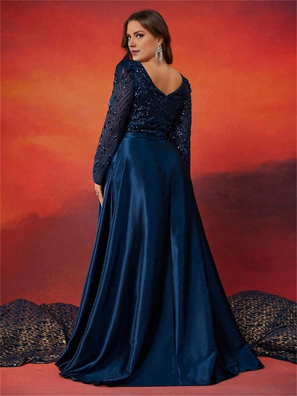 Roselledress sequin long sleeve prom gown v-back hidden zipper floor length back view