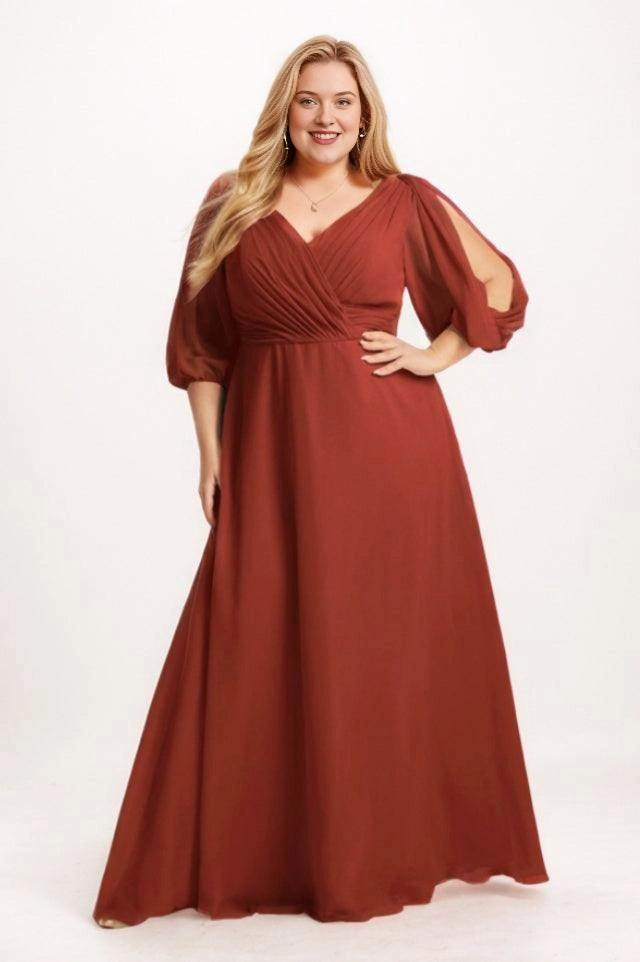 Roselledress rust plus size bridesmaid dress with a pleated crossover V-neck, split blouson sleeves and a floor-length A-line skirt, front view.