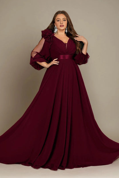 Flowy A-Line Deep V Split-Sleeve Zipper-Back Floor-Length Plus Size Burgundy Mother Of Bride Dress