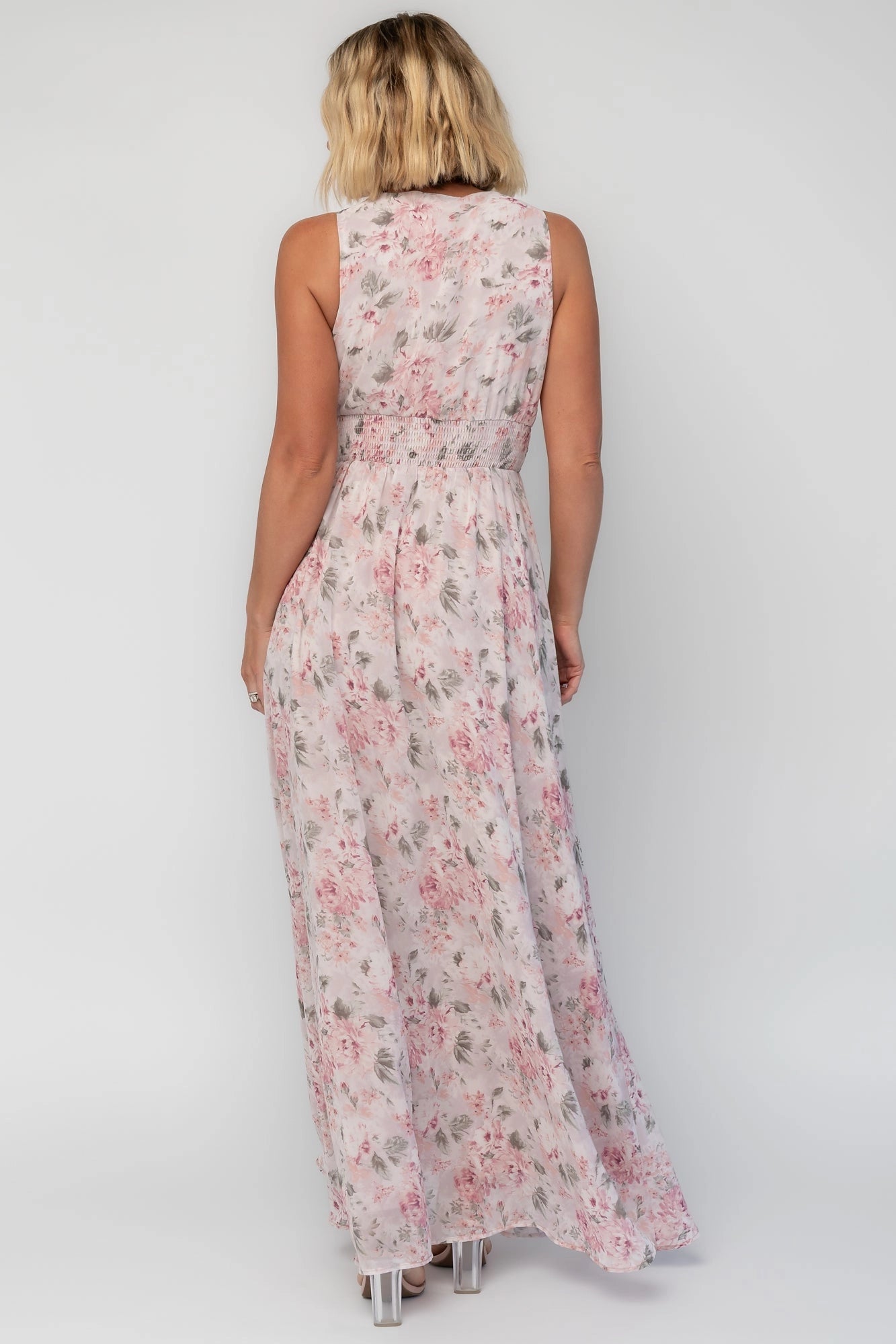 Soft A-Line V-Neck Sleeveless Plain-Back Floor-Length Floral Mother Of Bride Dress