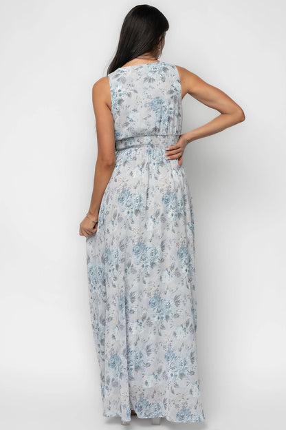 Roselledress grey blue flower print long gown solid plain back elastic waist rear shot