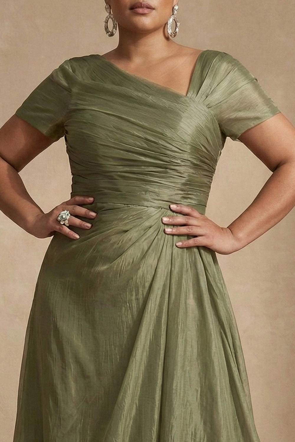 Elegant Plus Size A-Line V-Neck Cap-Sleeve Zipper-Back High-Low Weeding Guest Dress