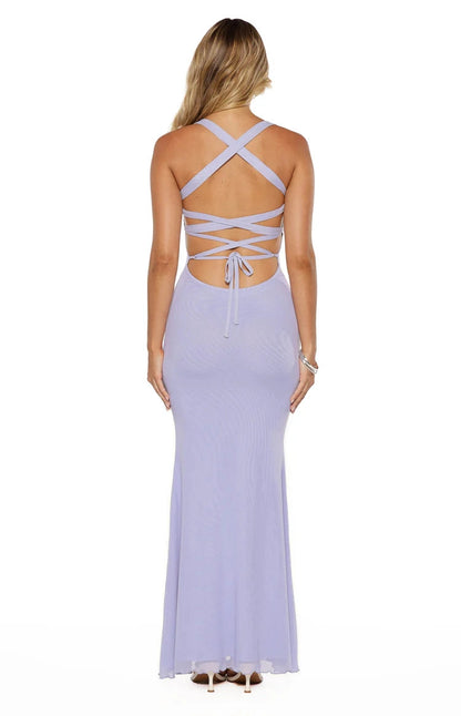 RoselleDress lilac fitted gown criss cross lace up cutout open back long formal evening dress