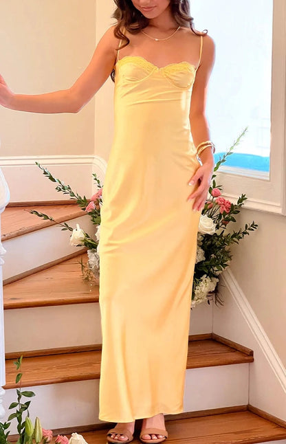 Lemon Yellow Slip Sweetheart Spaghetti Strap Open Back Long Prom Dress