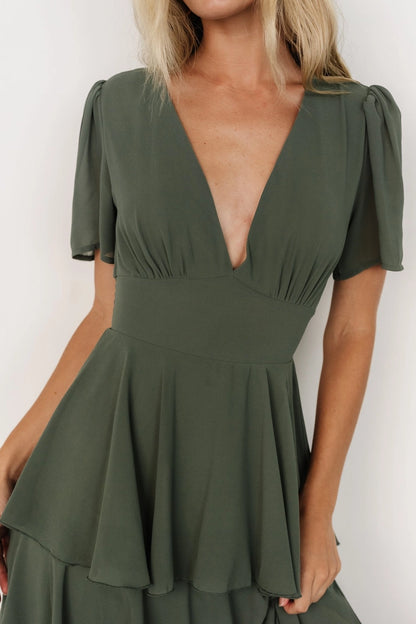 Tiered A-line V-Neck Short Sleeve Smocked-Back Maxi Mother Of Bride Dress