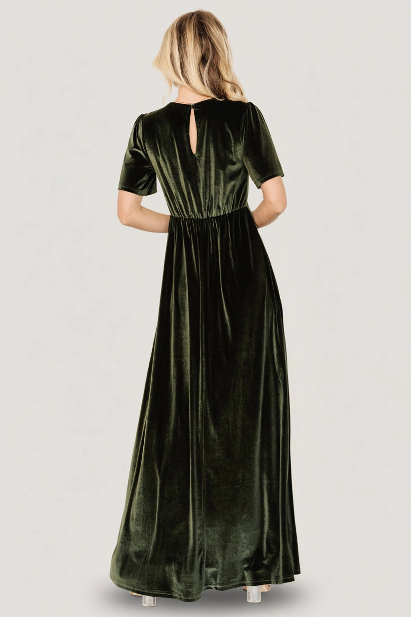 roselledress velvet formal dress keyhole back short sleeve floor‑length bridesmaid evening gown