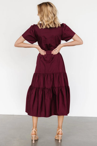Roselledress wine red waist tie midi dress solid plain back formal casual gown rear view

