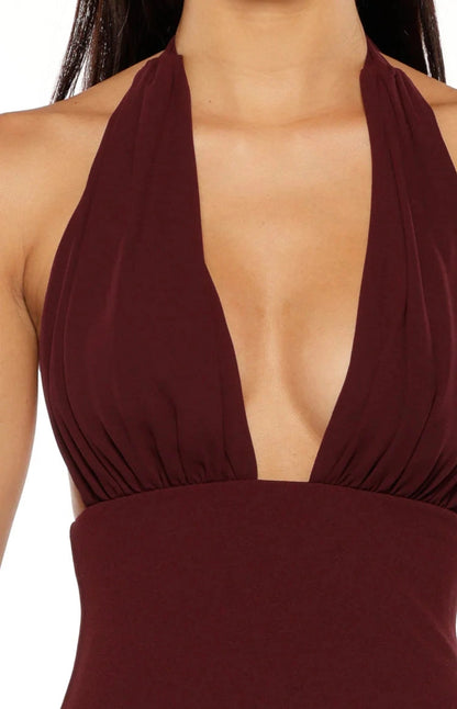 Burgundy A-Line Halter Plung Neck Sleeveless Tie Back Floor-Length Prom Dress