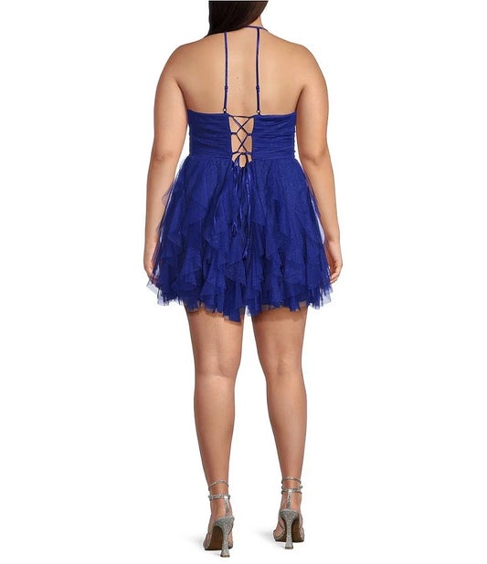 Plus size royal blue tulle homecoming dress featuring crisscross lace-up corset back
