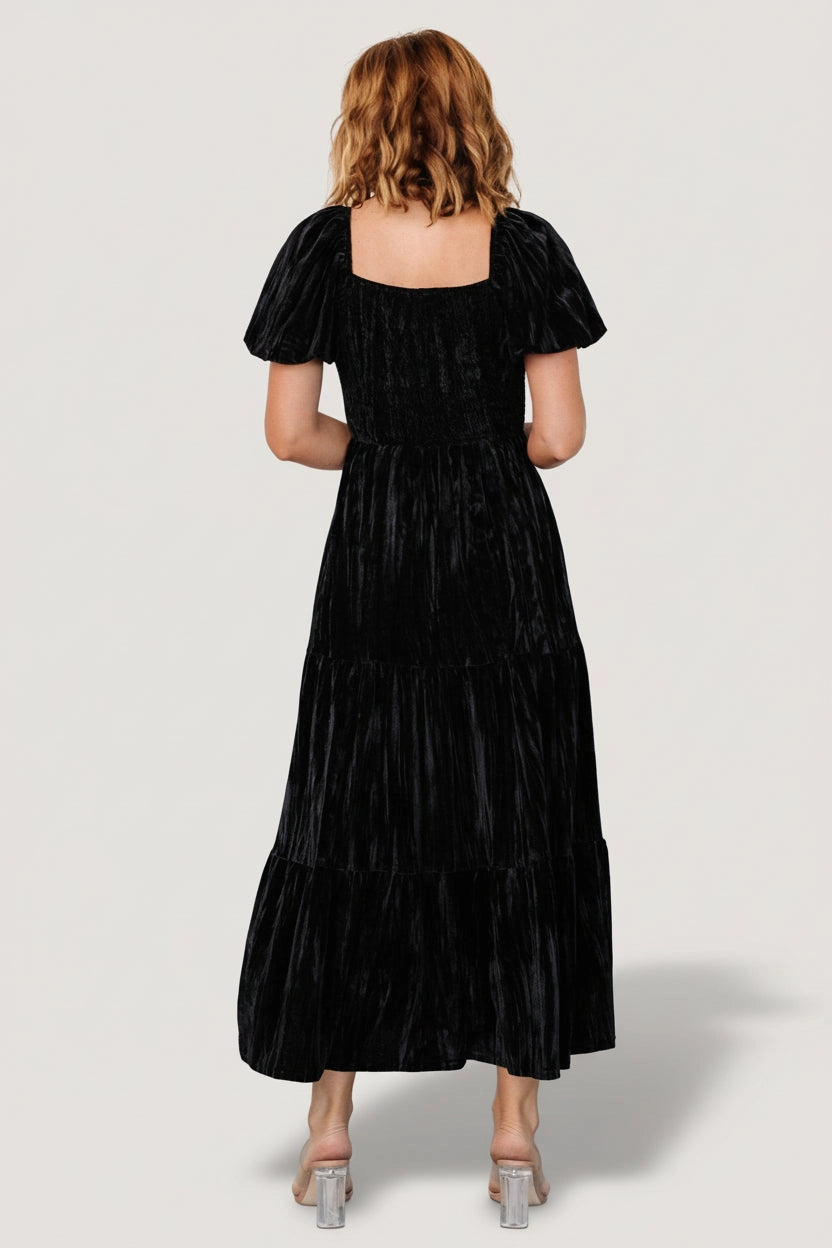 Roselledress velvet formal midi dress smocked square back tiered skirt mother gown rear view