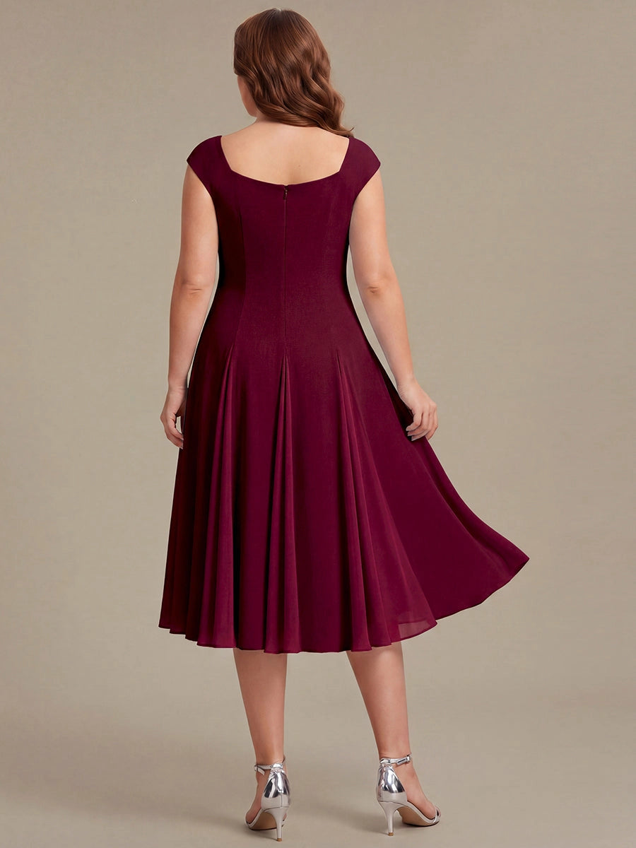 Roselledress Black White Color Block A-Line Square Cap Sleeve Zip Back Midi Plus Size Weeding Guest Dress