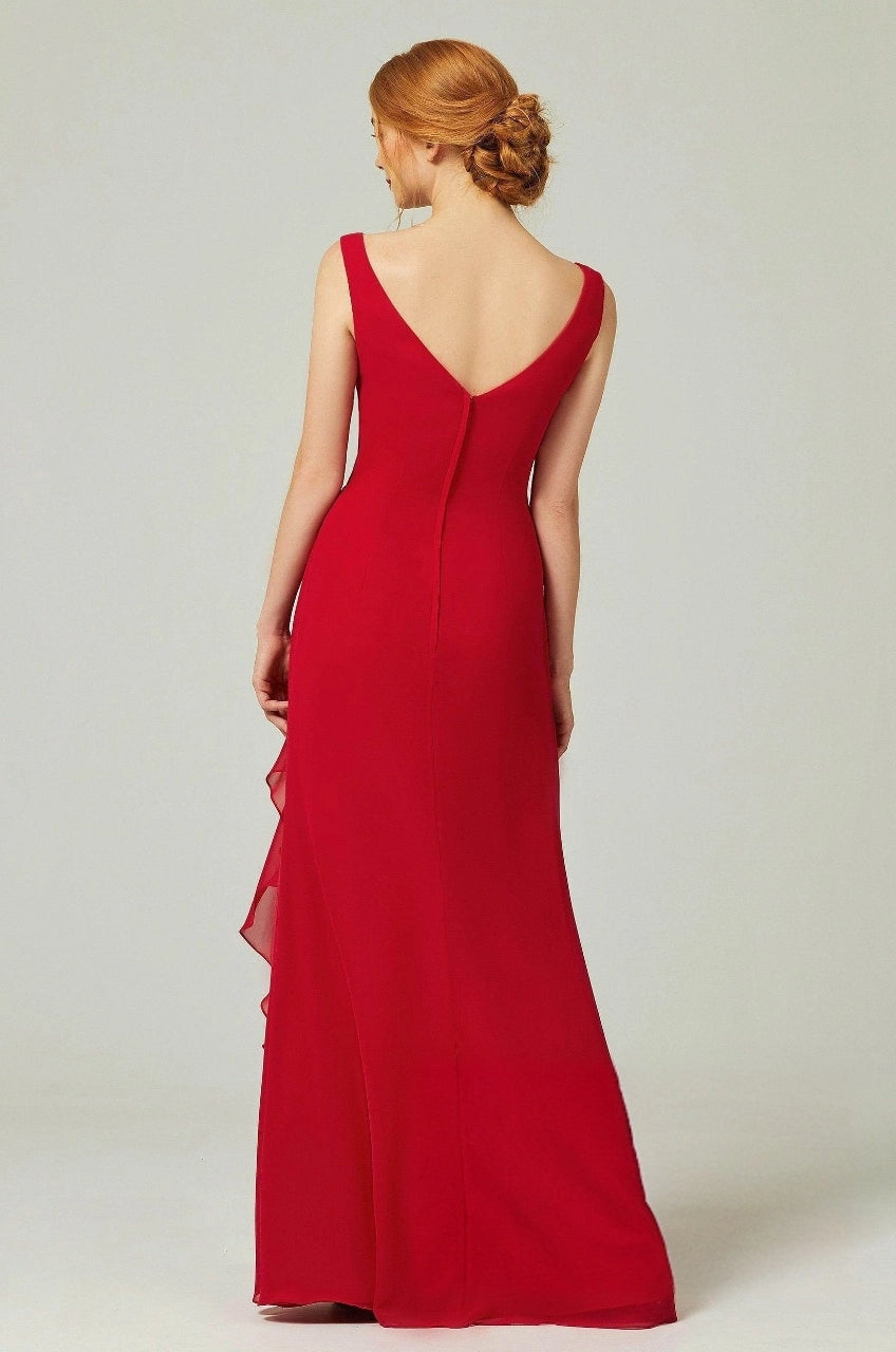 Red floor-length bridesmaid dress with wide shoulder straps, a V-shaped back neckline and center-back zipper, back view.