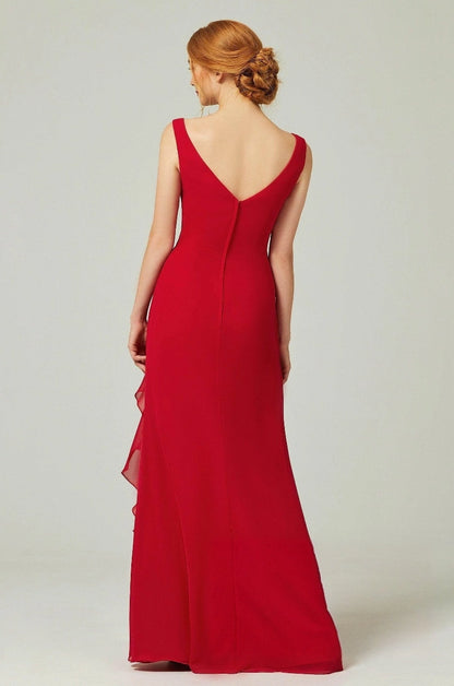 Red floor-length bridesmaid dress with wide shoulder straps, a V-shaped back neckline and center-back zipper, back view.